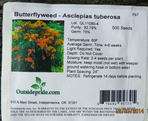 February 3, 2014...received my Butterflyseed package today.  These bright flowers attract honeybees also.